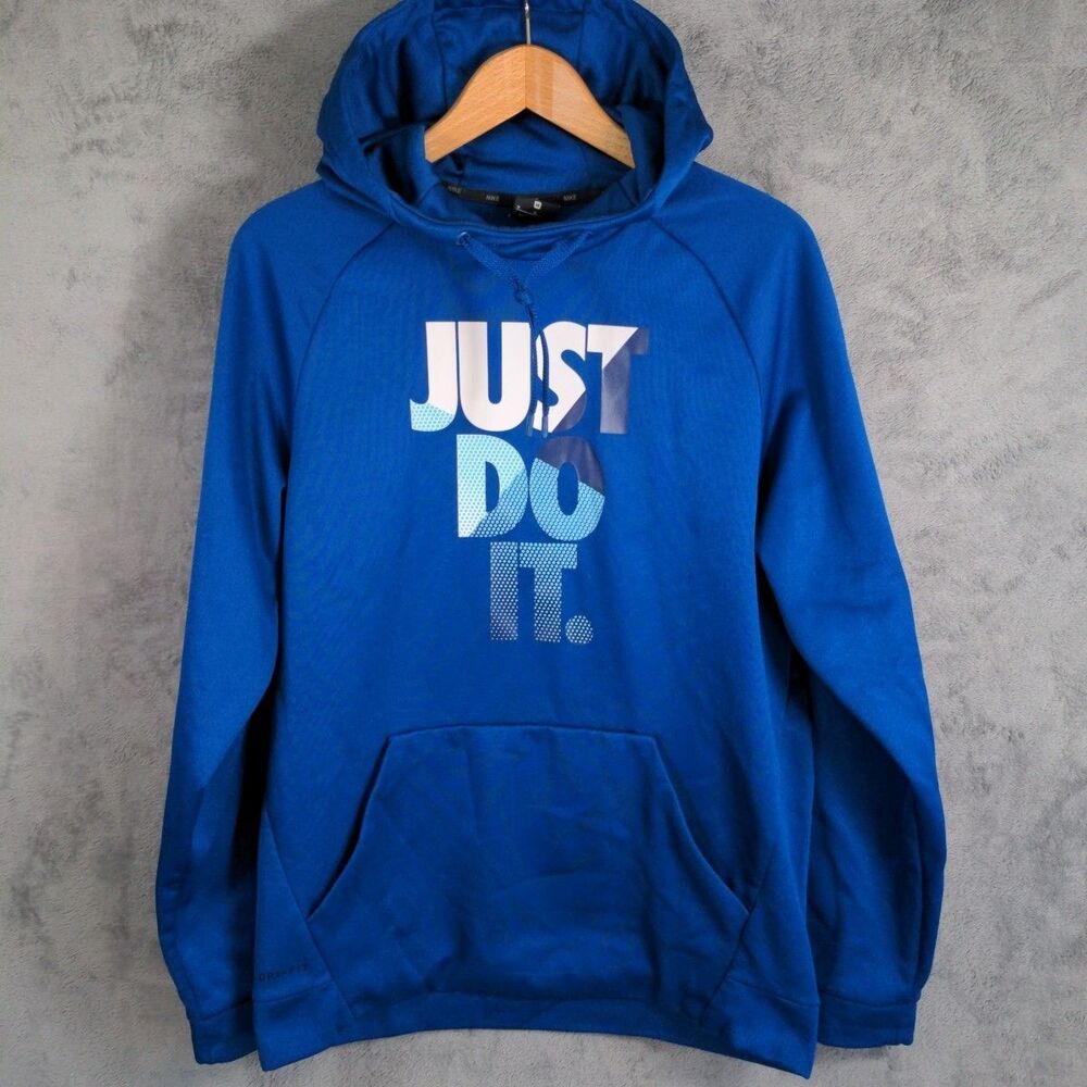 Nike Just Do It Graphic Hoodie Men's Medium Blue Pullover Dri-FIT Athletic Gym